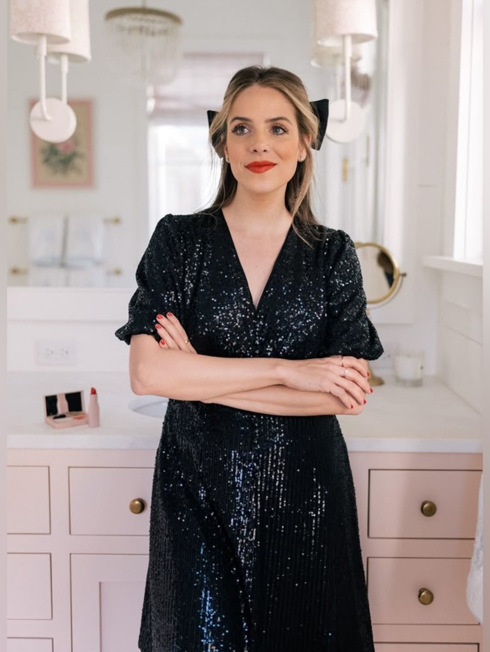 Gal Meets Glam Farris Black Sequin V-Neck Mini Button Front Dress